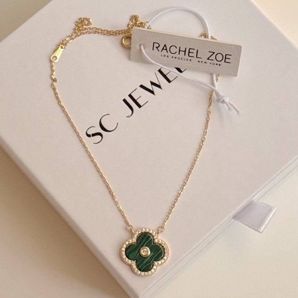 Rachel Zoe Clover Necklace Malachite Cubic Zirconia Sterling Silver - Picture 4 of 7